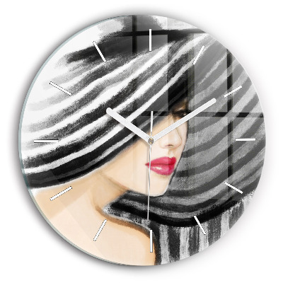 Round glass clock Woman in Black and White