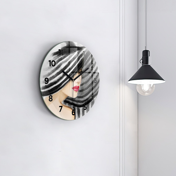 Round glass clock Woman in Black and White
