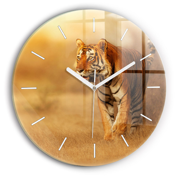 Round glass clock Hunting Tiger