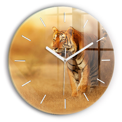 Round glass clock Hunting Tiger