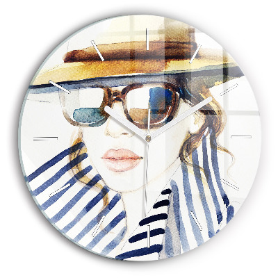 Round glass clock Face with glasses and hat