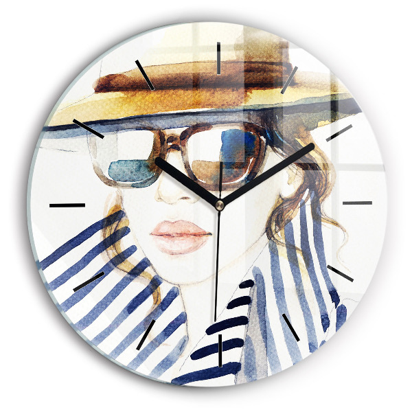 Round glass clock Face with glasses and hat