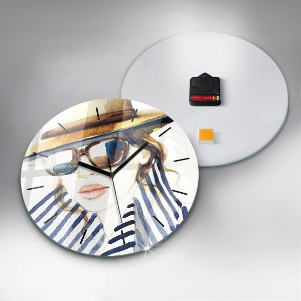 Round glass clock Face with glasses and hat