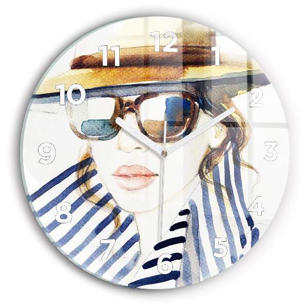 Round glass clock Face with glasses and hat