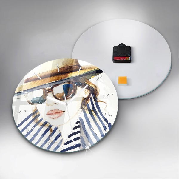 Round glass clock Face with glasses and hat