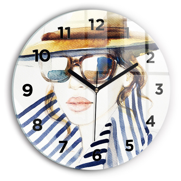 Round glass clock Face with glasses and hat