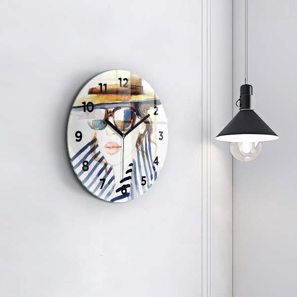 Round glass clock Face with glasses and hat