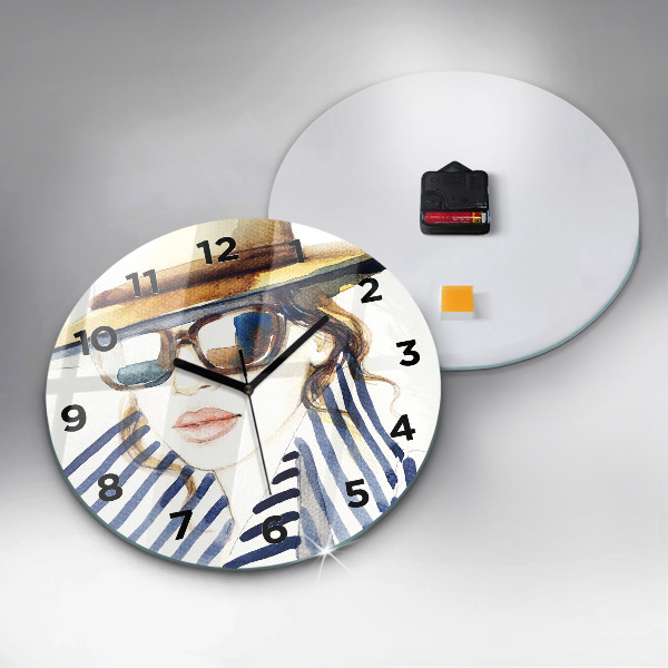 Round glass clock Face with glasses and hat