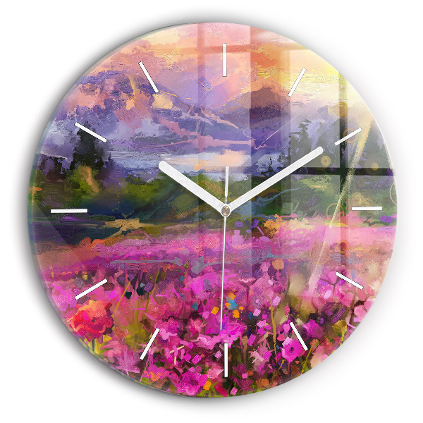 Round glass clock Meadow in the sunset