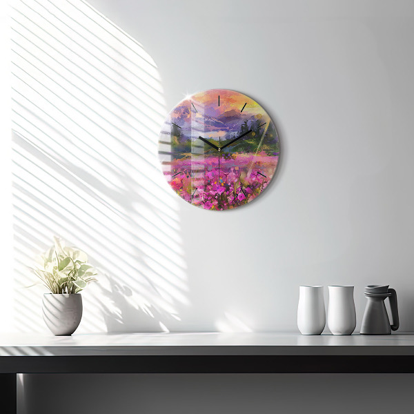 Round glass clock Meadow in the sunset