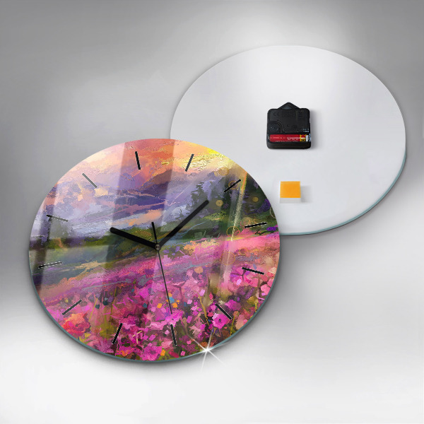 Round glass clock Meadow in the sunset