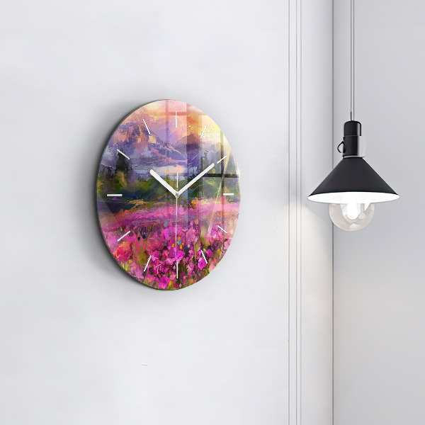 Round glass clock Meadow in the sunset