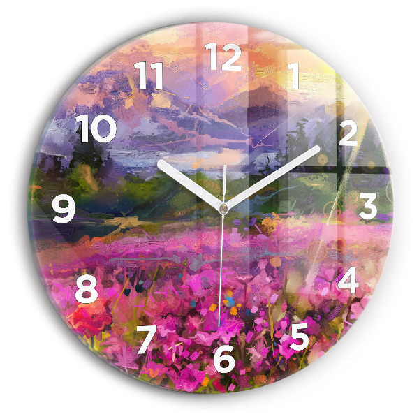 Round glass clock Meadow in the sunset