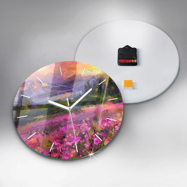 Round glass clock Meadow in the sunset