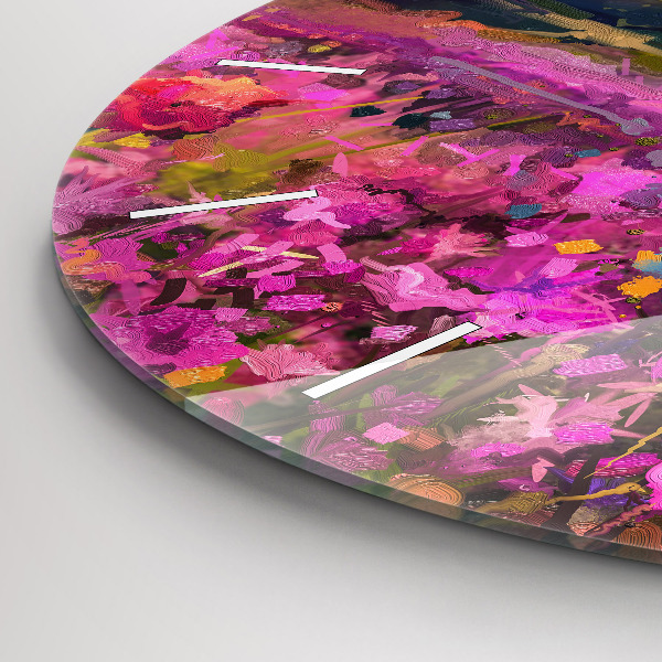 Round glass clock Meadow in the sunset