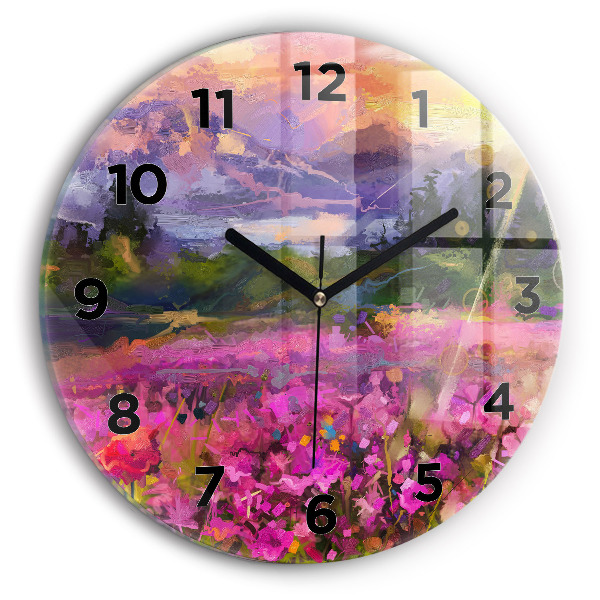 Round glass clock Meadow in the sunset