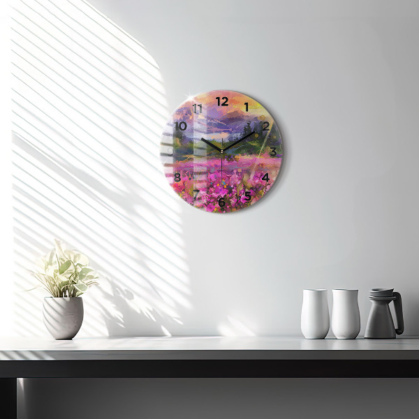 Round glass clock Meadow in the sunset