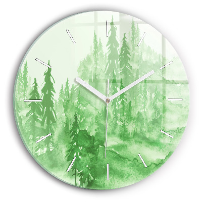 Round glass clock Painting green forest