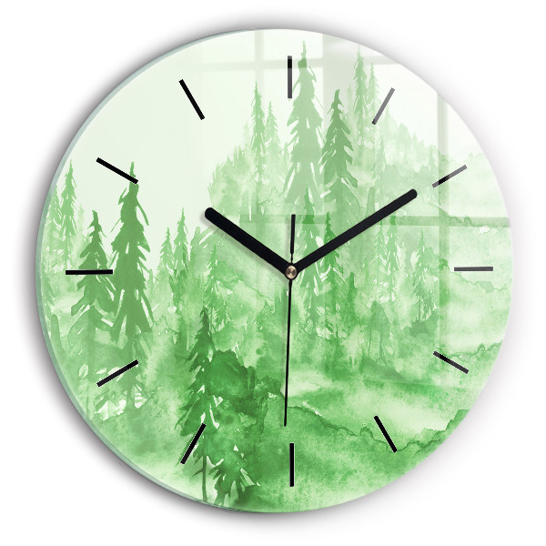 Round glass clock Painting green forest
