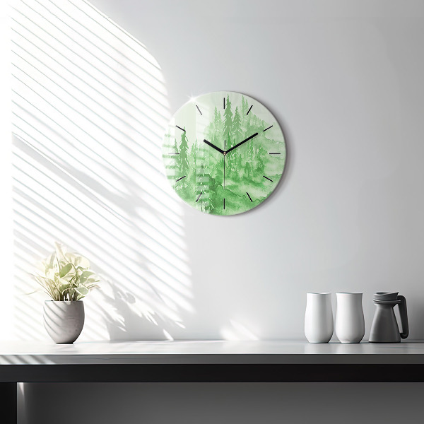 Round glass clock Painting green forest