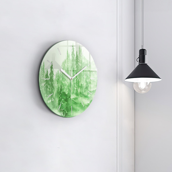 Round glass clock Painting green forest
