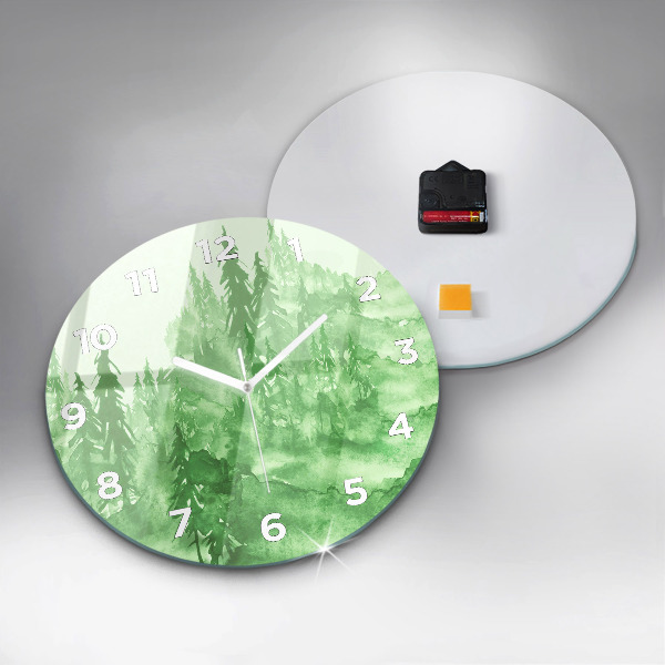 Round glass clock Painting green forest