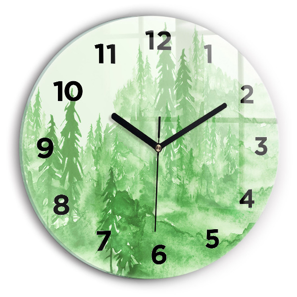 Round glass clock Painting green forest