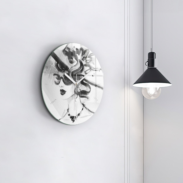 Round glass clock Fashionable woman