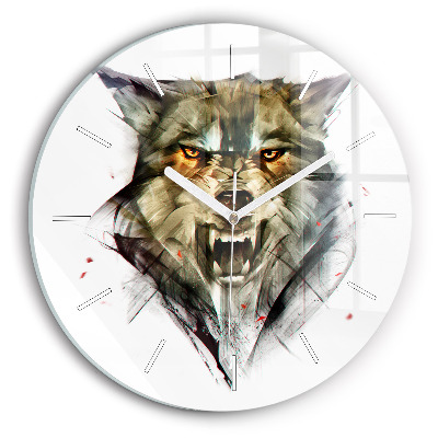 Round glass clock Drawn portrait of a wolf