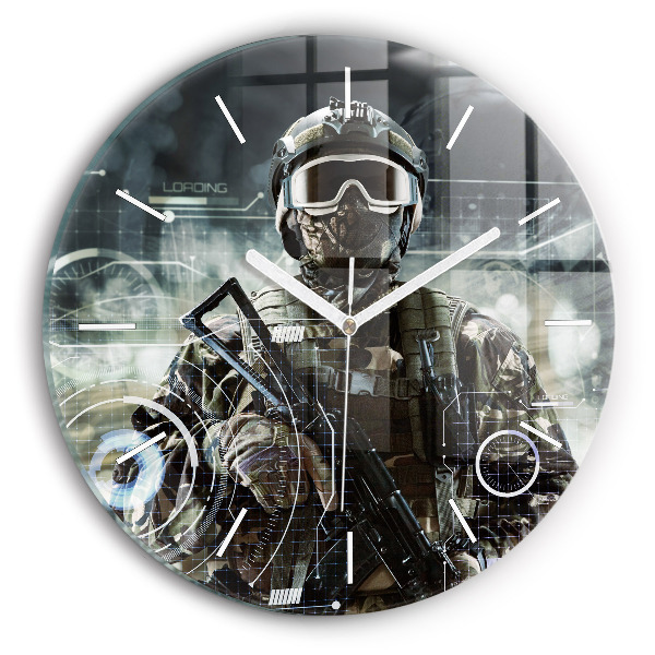 Round glass clock Soldier with a gun