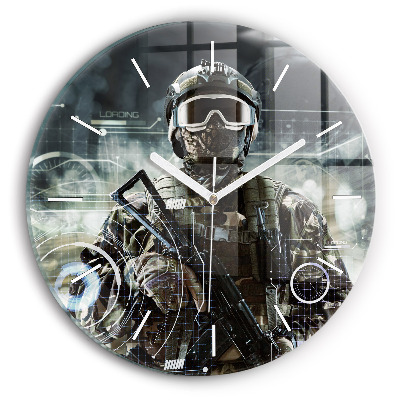 Round glass clock Soldier with a gun