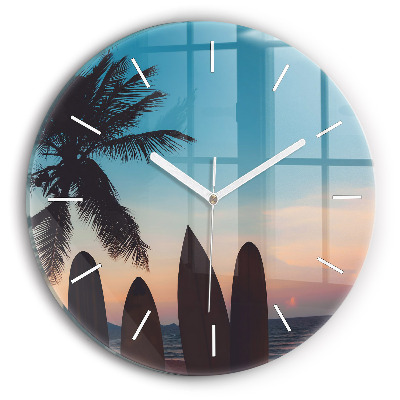 Round glass clock Surfing on the beach