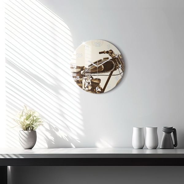 Round glass clock Vintage Motorcycle Sepia