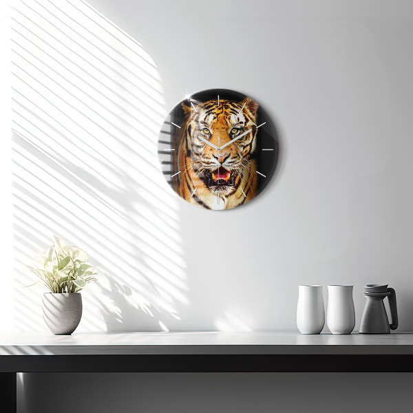 Round glass clock Tiger - wild look