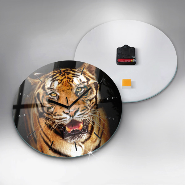 Round glass clock Tiger - wild look