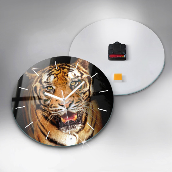 Round glass clock Tiger - wild look