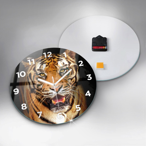 Round glass clock Tiger - wild look