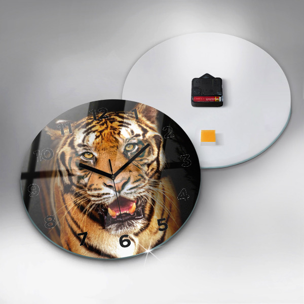 Round glass clock Tiger - wild look
