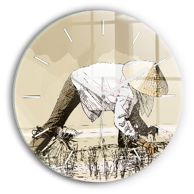 Round glass clock Woman picking rice
