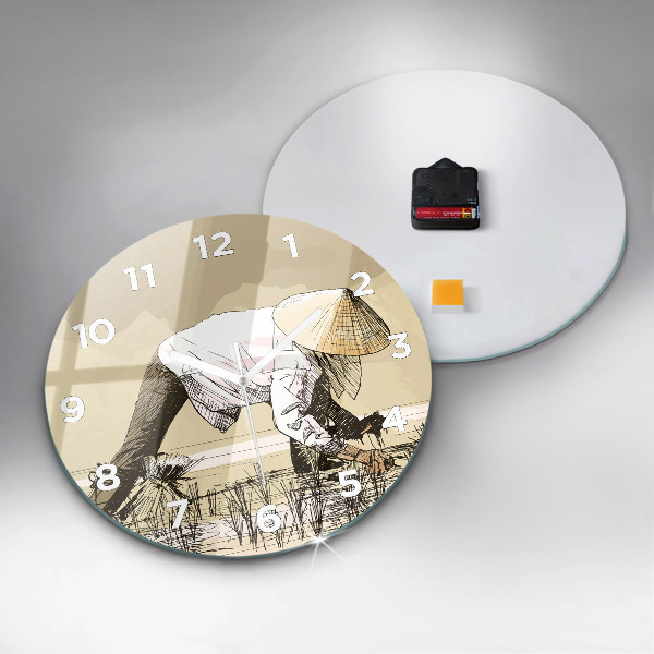 Round glass clock Woman picking rice