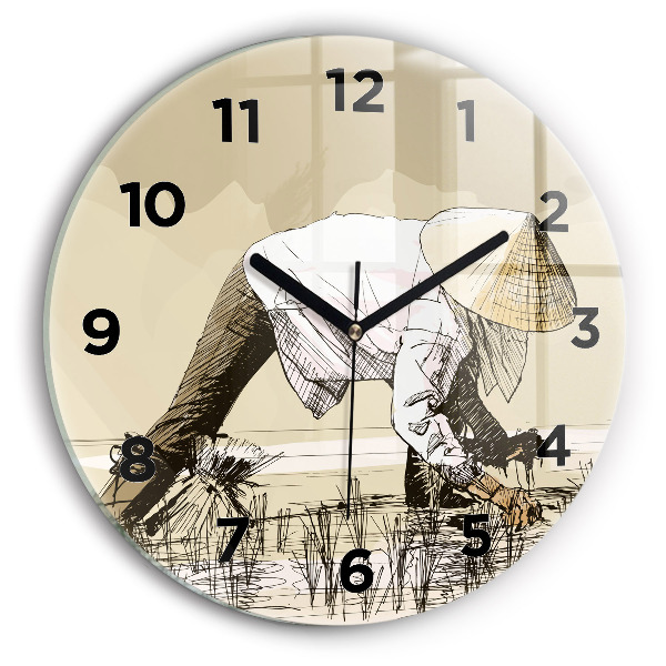 Round glass clock Woman picking rice
