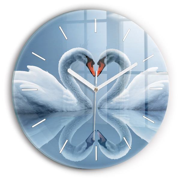 Round glass clock Swans in the heart