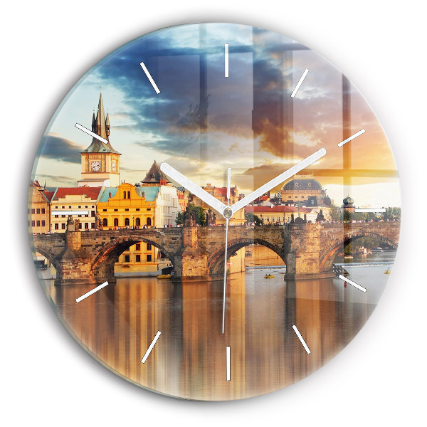 Round glass clock Panorama over the river
