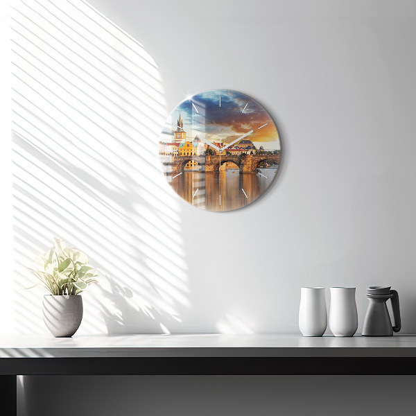 Round glass clock Panorama over the river