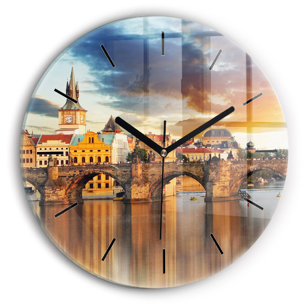 Round glass clock Panorama over the river