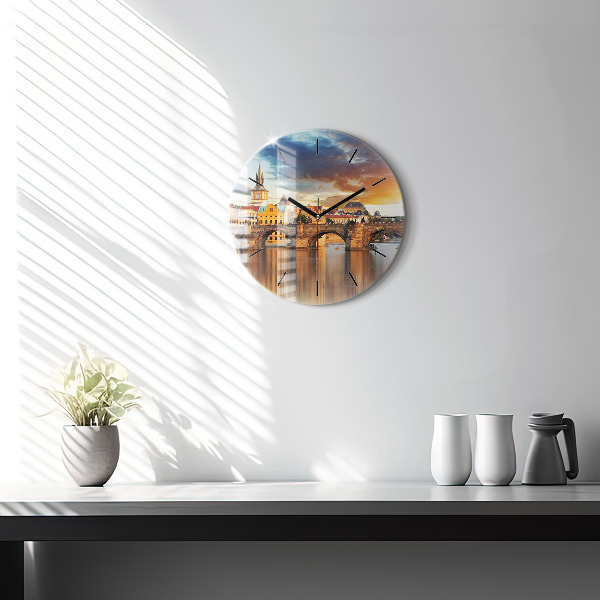 Round glass clock Panorama over the river