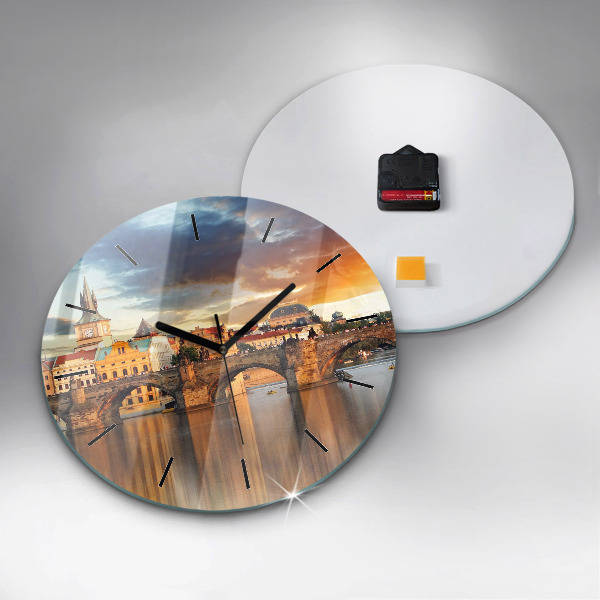 Round glass clock Panorama over the river