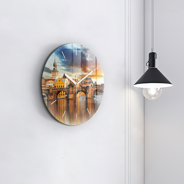 Round glass clock Panorama over the river
