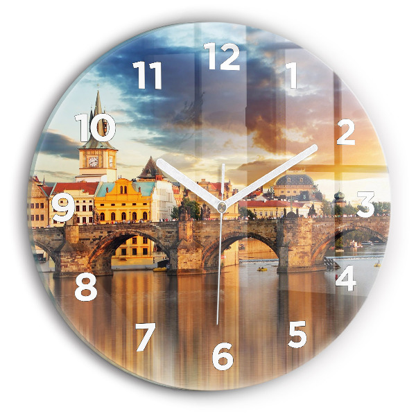 Round glass clock Panorama over the river