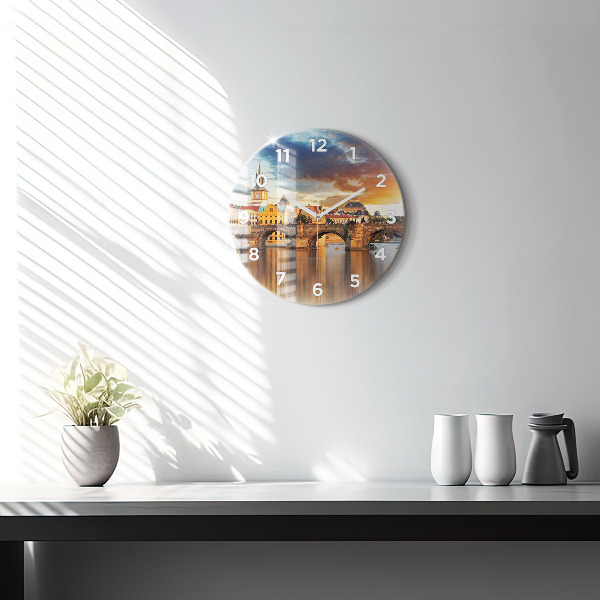 Round glass clock Panorama over the river
